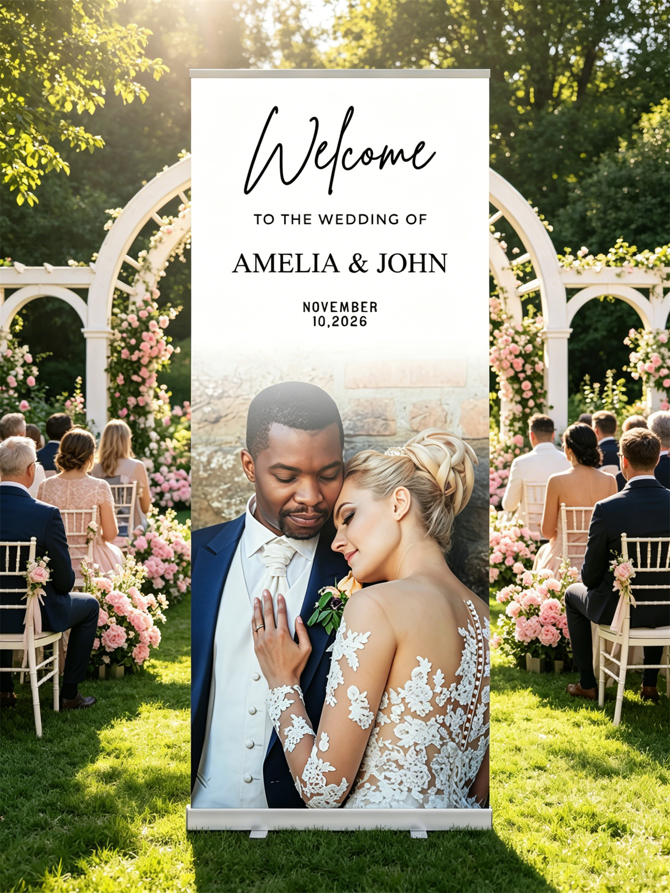 Customized wedding retractable banners - personalized photo wedding welcome signs, reception decorations and background curtains